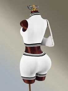 Amplova Women's Colorblock Zip-Up Top And Shorts Casual Daily Sports Outfit - White - View 4