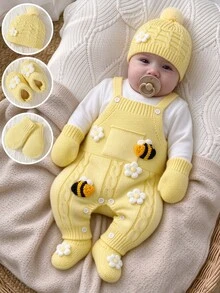 SHEIN Baby Girl Ribbed Knit Jumpsuit & Hat Without Tee Autumn Winter - Yellow - View 3