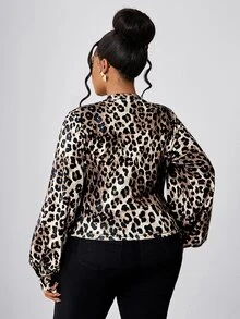Maweii Plus Size Women's Deep V-Neck Vintage Leopard Print Long Sleeve Top, Street Style Commuter Outfit - Multicolor - View 3