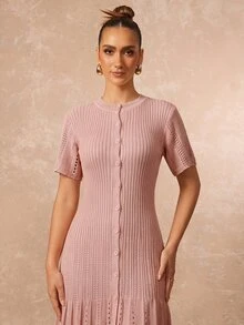 Lumalex 女款圓領短袖單排扣休閒杏色針織洋裝，適合日常外出、都市通勤、商務聚會、度假穿著 - 粉色 - 查看 5