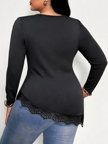 Modelyn Plus Size Women's Spring/Autumn Pure Black Cinched Waist Lace Patchwork Asymmetrical Hem Pullover Round Neck Long Sleeve Top, Suitable For Shopping, Commuting And Daily Occasions - Black - View 2