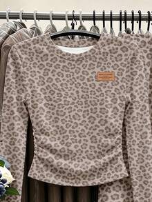Tween Girls 2 Pcs Light Khaki Leopard Print Ruched Waist Long Sleeve T-Shirt & Wide Leg Pants Set, Winter Outfits - Multicolor - View 5