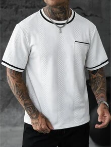 Manfinity Homme Women's Textured Jacquard Short Sleeve T-Shirt, Contrast Black Trim Ribbed Crew Neck, Loose Casual Pocket Decor Top - White - View 1
