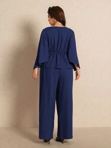 Elaquor Plus Size Metal Decor Shirt And Loose Pants 2 Pieces Set - Navy Blue - View 2