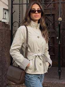 Livesso Women's Regular Fit Loose Casual Versatile Apricot Solid Color Long Sleeve Button-Up Lapel Jacket, Autumn/Winter - Apricot - View 4