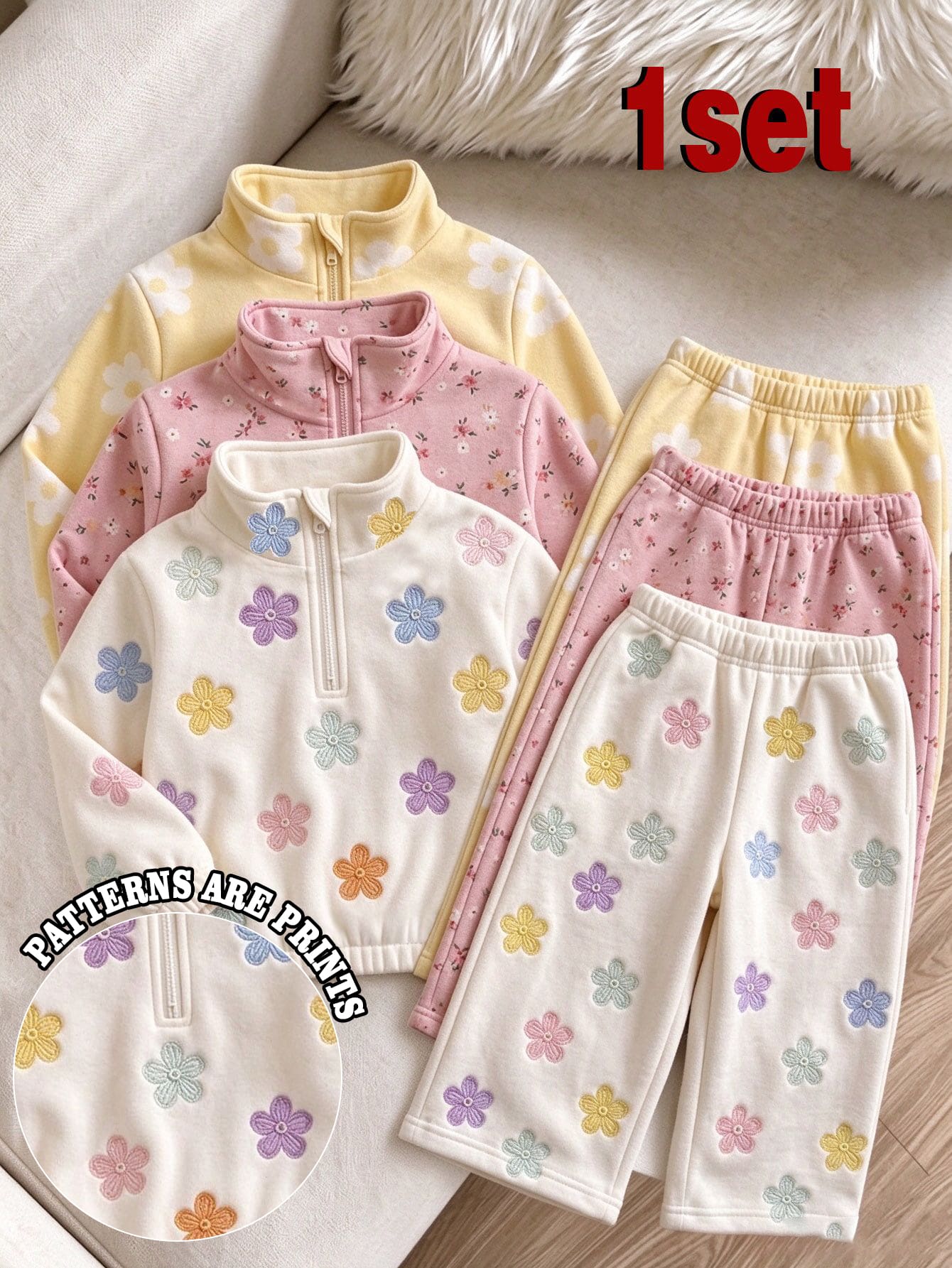 SHEIN Playful Pals 女童粉色豹紋保暖內裡兩件套,半拉鍊立領上衣 + 寬腿長褲 - 彩色 - 查看 1