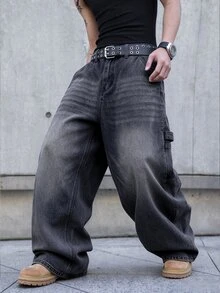 RivetRise Celana Panjang Denim Pria Model Longgar, Gaya Jalanan Urban Renaissance, Fesyen Kasual, Streetwear Kreatif dan Personal. - Dark Grey - View 3