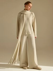 CLARA VERO Boucle Scarf Detail Knit Flare Set, Cozy Winter Out, Crew Neck, Removable Scarf, Flared Leg Pant - Pink - View 7