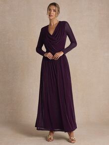 Enchnt Women's Solid Color V-Neck Pleated Casual Party Long Dress - Red Violet - View 4