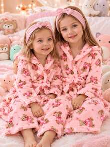 Girls Cute Bear & Heart Print Hooded Fleece Bath Robe, Long Sleeve Belted Warm Fluffy Sleepwear Robe For Tween Girl - Dusty Pink - View 2