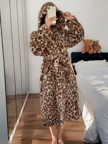 Napfluff Cute Leopard Print Plush Lapel Long Sleeve Pocket Decor Women's Robe - Brown - View 3