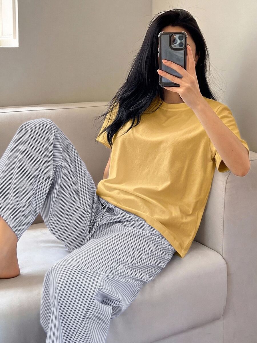 DAZY Simple T-Shirt & Striped Pants Pajama 2pcs Lounge Set, Outfits - Yellow - View 1