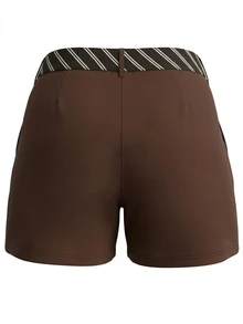 Sweetra CURVE Women's Plus Size Fashion Solid Color Shorts With Striped Belt - Brown - View 2