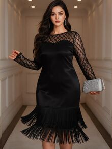 Velvienne Plus Size Women's Round Neck Mesh Patchwork Casual Party Summer Dress - Black - View 3