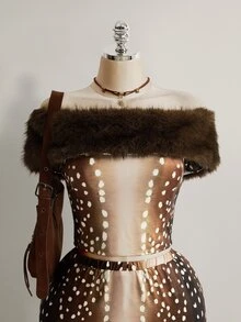 SHEIN ICON Plus Size Women's Faux Fur Collar Shoulder Top And Deer Print Mini Skirt Set - Brown - View 4