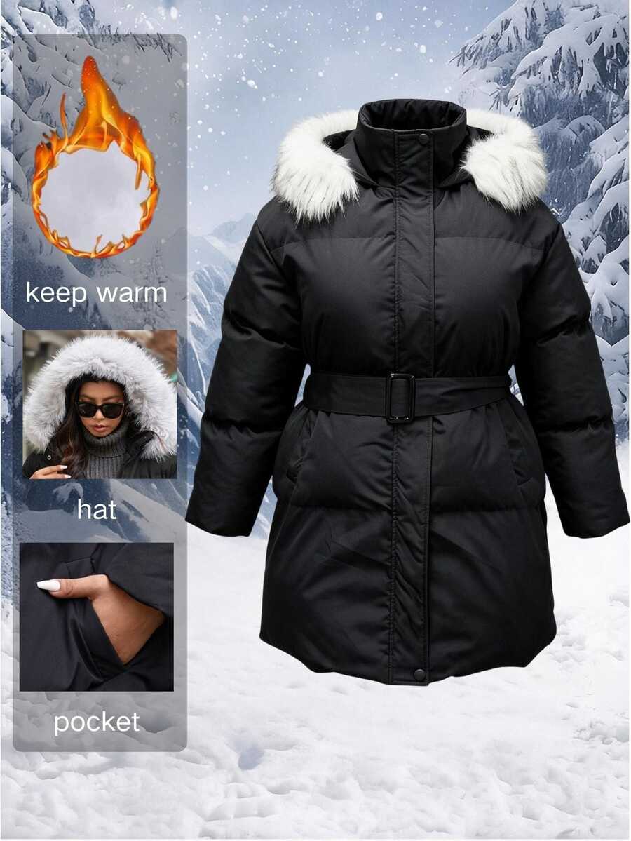 Easura Plus Size Warm Faux Fur Patchwork Hooded Padded Coat With Pockets - Black - View 1