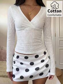 SHEIN EZwear 33%棉女款深V領修身長袖T恤，女款秋冬服飾 - 白色 - 查看 4
