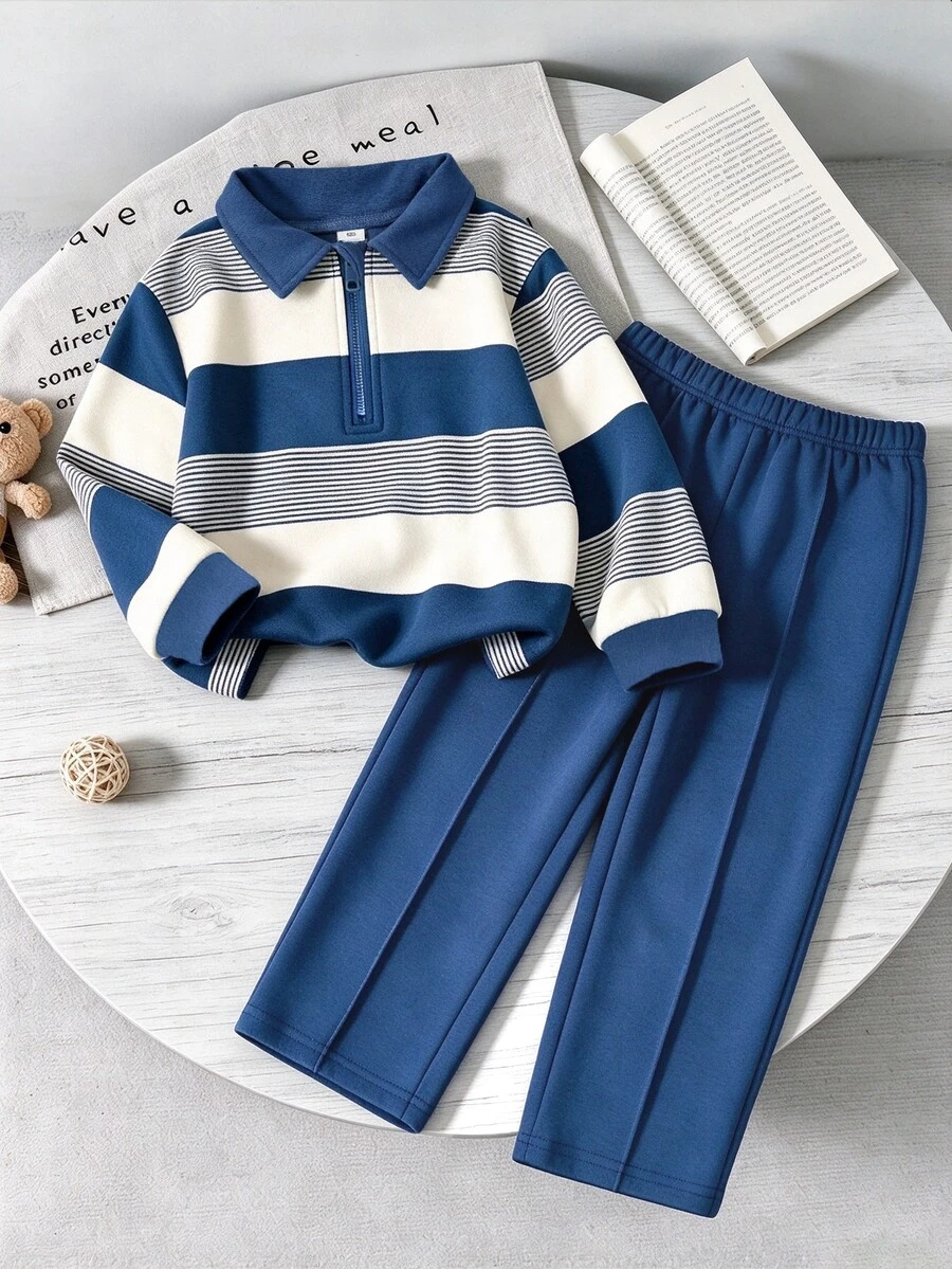 SHEIN Boys Spring Fall Pure Striped Minimalist Casual Style No Pattern Slim Fit Polo Collar Half-Zip Long Sleeve Pullover Top With Matching Long Pants Set S - Royal Blue - View 1