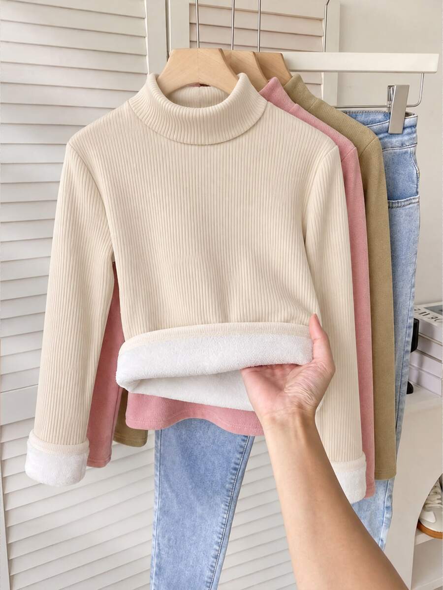 SHEIN 青少年女孩秋季上衣 秋冬加厚保暖休閒百搭日常穿搭層疊高領羅紋抓絨布料純色C... - 杏色 - 查看 1