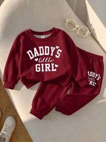 酒紅色可愛字母 Daddy's Little Girl❤ 女童休閒加厚柔軟長袖圓領運動衫與運動長褲套裝，適合秋冬日常穿著與外出 - 彩色 - 查看 4