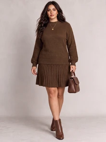 Nubod Plus Size High Neck Lantern Sleeve Ribbed Long Sleeve Sweater & Vertical Stripe Skirt 2 Pieces Set, Autumn/Winter - Brown - View 10