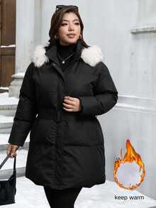 Easura Plus Size Warm Faux Fur Patchwork Hooded Padded Coat With Pockets - Black - View 5