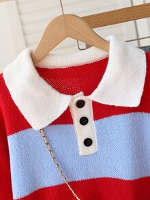 SHEIN 1件女童毛衣，復古白色 Polo 領配黑色鈕扣設計半開襟，經典對比色條紋拼接落肩長袖套頭衫 - 彩色 - 查看 3