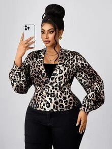 Maweii Plus Size Women's Deep V-Neck Vintage Leopard Print Long Sleeve Top, Street Style Commuter Outfit - Multicolor - View 4
