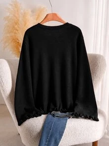 CosyJoli Áo cardigan len dệt kim phong cách vintage Pháp, viền bèo, màu trơn, cổ tròn, dáng rộng, tay dài, áo len mùa đông - màu đen - Xem 3