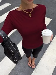 Muchica Fashion Basic Sage Green Boat Neck Knit Long Sleeve T-Shirt For Women, Suitable For Daily Commute, Streetwear, Party, Autumn/Winter/Spring/Summer, - Burgundy - View 4