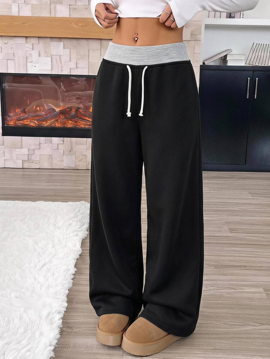 SHEIN Teen Girl Girls Autumn/Winter Casual Basic Minimalist Ribbed Waist Loose Wide Leg Sweatpants Drawstring Sweatpants Heather Grey - Black - View 1