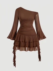 SHEIN MOD Plus Size Women's Solid Slant Shoulder Layered Ruffle Hem Shoulder Dress ,Fall/Winter - Camel - View 2