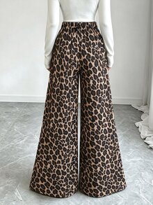 Elenzga Personalized Leopard Print Colorblock Wide Leg Long Pants High Waist Design Contrast Patchwork Flared Hem Slimming Flowy Casual Pants - Multicolor - View 7