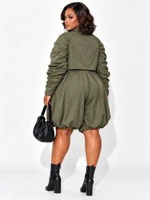 Poshavie Poshavie Women Plus Size Zip Up Ruched Long Sleeve Crop Jacket & Bubble Hem Shorts Set, Casual Fashion TwoPiece Outfit - Green - View 2