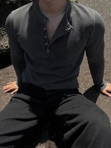DAZY Spring/Autumn Dark Grey Waffle Fabric Long Sleeve Crew Neck Half-Button Plus Size Men's T-Shirt - Dark Grey - View 2