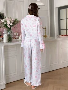 SweetSlumber Women's Sweet Cute Bear Plaid Print Colorblock Collar Pajama Set - Multicolor - View 2