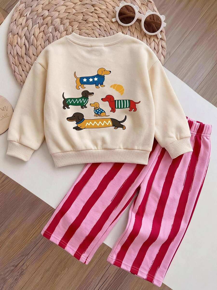 Baby Girl Casual Minimalist Loose Round Neck Sweatshirt, Thermal Lined, Suitable For Autumn/Winter - Multicolor - View 1