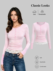 Sweetra Dam Sweatshirt Sweetro med ränder, kontrasterande spets och lång ärm - Rosa - Visa 1