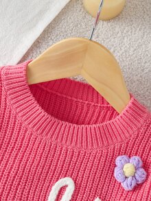 SHEIN 1件女嬰毛衣，粉色與白色，秋季，可愛，家庭套裝，圓領刺繡字母與3D花朵裝飾，柔軟長袖針織套頭衫 - 粉色 - 查看 4
