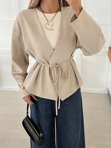 SHEIN EZwear Women's Minimalist Long Sleeve Overcoat, Versatile For Daily Wear - Light Grey - View 1