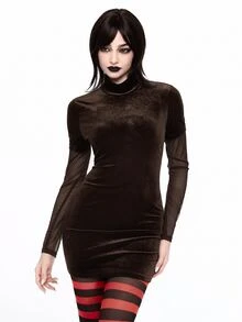 ROMWE Anime 女性用動漫萬聖節 Cosplay 裝扮服裝，天鵝絨對比色網紗袖緊身彈性迷你洋裝，秋冬款 - 棕色 - 查看 4