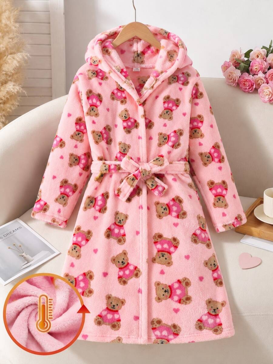 Girls Cute Bear & Heart Print Hooded Fleece Bath Robe, Long Sleeve Belted Warm Fluffy Sleepwear Robe For Tween Girl - Dusty Pink - View 1