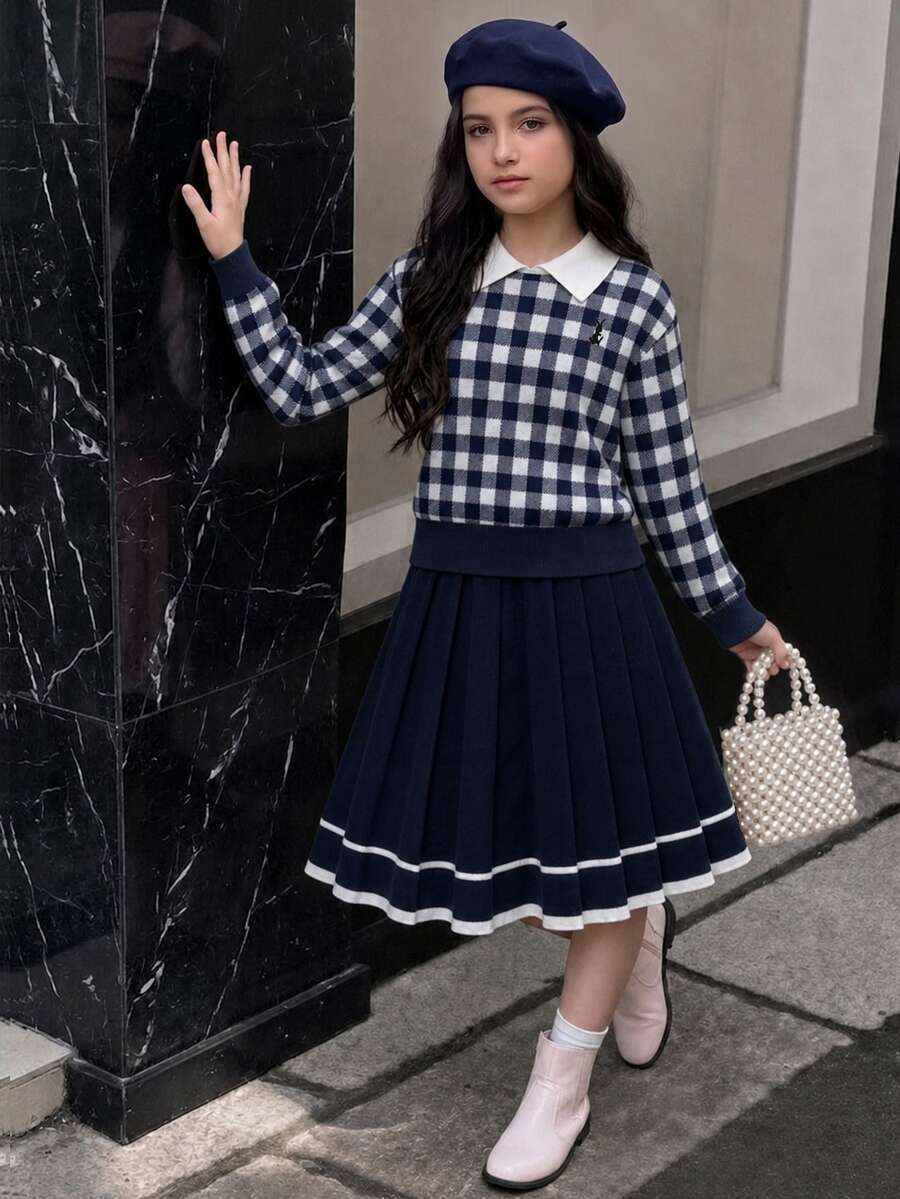 SHEIN Tween女孩 Ikids 粉色可愛刺繡馬標誌彼得潘領格紋針織衫 + 針織裙 2件套,Tween女孩長袖V領套頭衫,休閒優雅風格 秋冬 - 藍色 - 查看 1