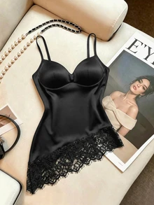 TaskSense European American Style Casual Sexy Single Lace Patchwork Camisole Camisole Women's Base Layer Top Going Out Dark Brown Summer - Black - View 3
