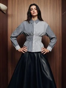 Anewsta Fashionable Women's Elegant New Commuter Casual Patchwork Striped Pleated Button-Down Shirt - Blue - View 3