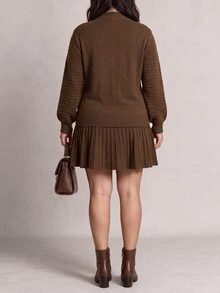 Nubod Plus Size High Neck Lantern Sleeve Ribbed Long Sleeve Sweater & Vertical Stripe Skirt 2 Pieces Set, Autumn/Winter - Brown - View 2