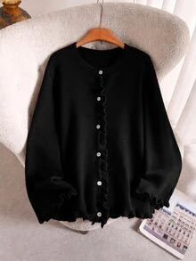 CosyJoli Áo cardigan len dệt kim phong cách vintage Pháp, viền bèo, màu trơn, cổ tròn, dáng rộng, tay dài, áo len mùa đông - màu đen - Xem 6