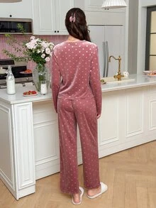 SweetSlumber Women's Glossy Heart Embossed Velvet INS Sweet Pajama Set - Dusty Pink - View 2