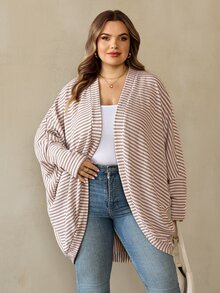 SHEIN CURVE+ Plus Size Women Casual Loose Striped Knit Cardigan Jacket - Apricot - View 3
