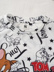 TOM & JERRY X SHEIN Men's Cartoon Print Short Sleeve Crew Neck T-Shirt And Shorts Loungewear Set - White - View 3
